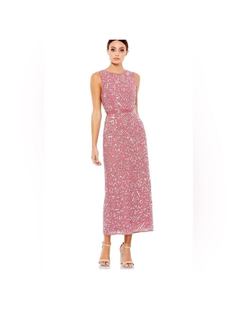 Nwt Mac Duggal Triangle Bead & Sequin Pattern Midi Sheath Dress in Rosewood Pink